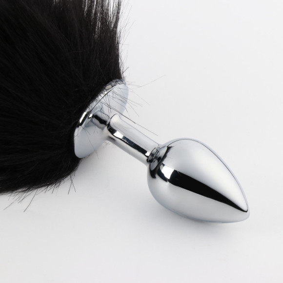 Серебристая анальная втулка с черным хвостиком Серебристая анальная втулка с черным хвостиком