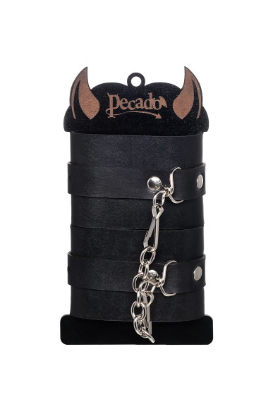 Черные однослойные наручники из натуральной кожи с цепочкой Черные однослойные наручники из натуральной кожи с цепочкой