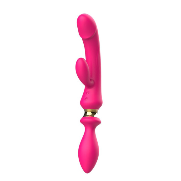 Розовый двусторонний вибромассажёр с клиторальным отростком - 30 см.