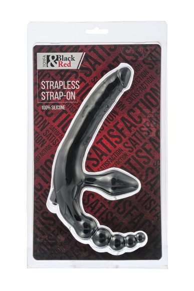 Чёрный безремневой страпон с вибрацией и анальным отростком Чёрный безремневой страпон с вибрацией и анальным отростком