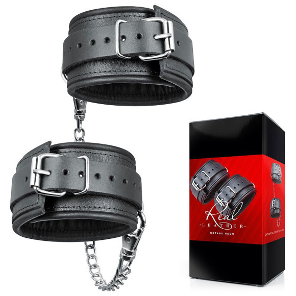 Черные кожаные оковы на цепочке с карабинами Черные кожаные оковы на цепочке с карабинами