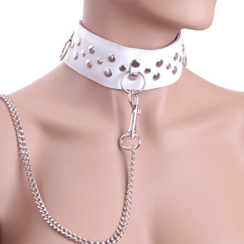 Белый ошейник из кожи с цепочкой-поводком Белый ошейник из кожи с цепочкой-поводком