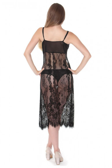 Длинная полупрозрачная кружевная сорочка на тоненьких бретельках