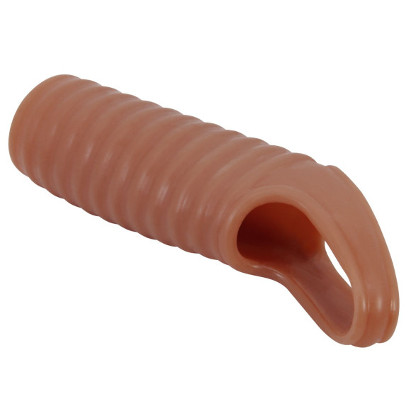 Телесная насадка на пенис с ребрышками и подхватом мошонки