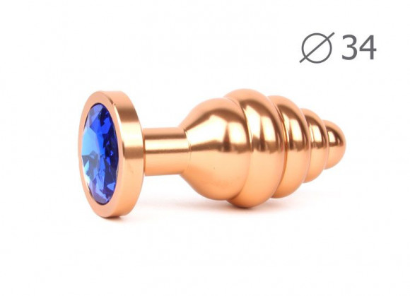 Коническая ребристая золотистая анальная втулка с синим кристаллом - 8 см. Коническая ребристая золотистая анальная втулка с синим кристаллом - 8 см.