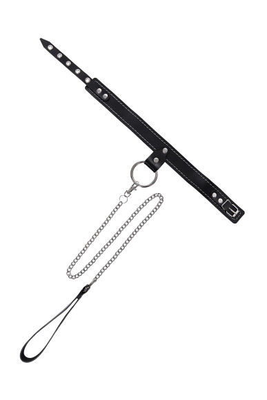 Черный узкий однослойный ошейник с серебристым поводком-цепочкой Черный узкий однослойный ошейник с серебристым поводком-цепочкой