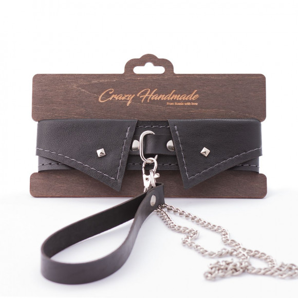 Черный ошейник-воротничок с металлическим поводком