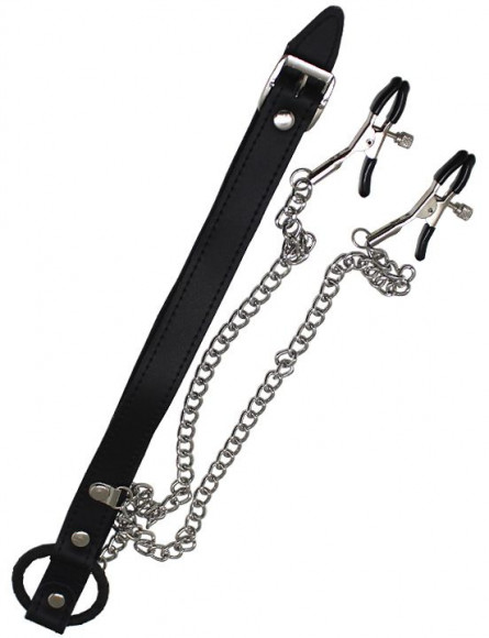 Черный кляп-кольцо с серебристым зажимами для сосков