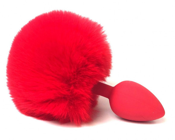 Розовая анальная пробка с пушистым красным хвостиком зайки