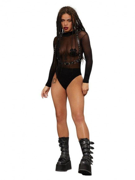 Черное боди-сетка с длинным рукавом