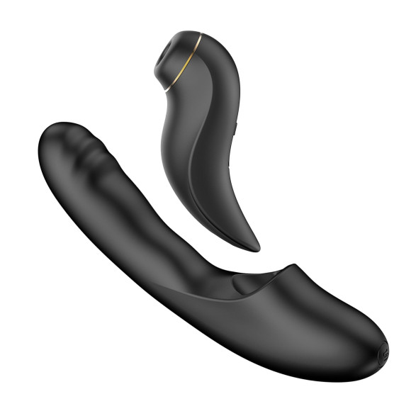 Черный вибратор с возвратно-поступательными движениями и вакуумом Fatima - 19,2 см.