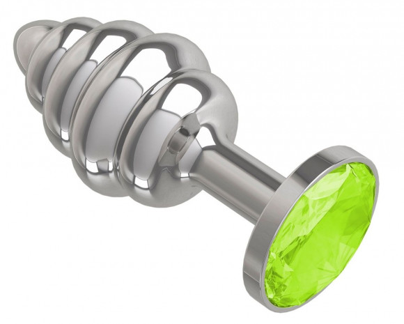 Серебристая спиралевидная анальная пробка с салатовым кристаллом - 7 см. Серебристая спиралевидная анальная пробка с салатовым кристаллом - 7 см.