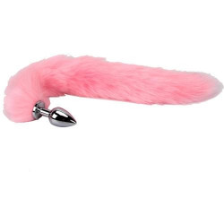 Серебристая анальная пробка размера S с длинным нежно-розовым хвостом