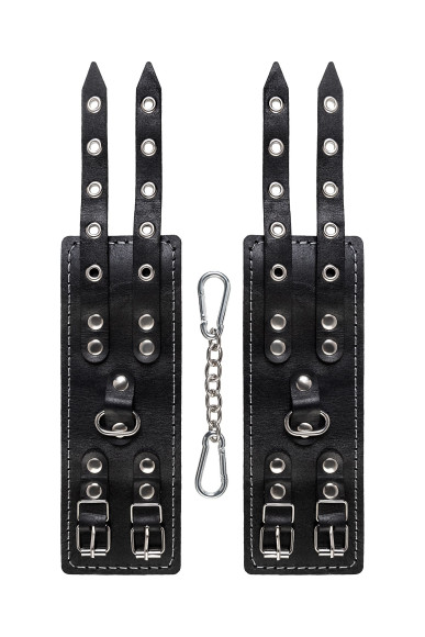 Черные кожаные наручники с двумя ремнями и красной подкладкой Черные кожаные наручники с двумя ремнями и красной подкладкой