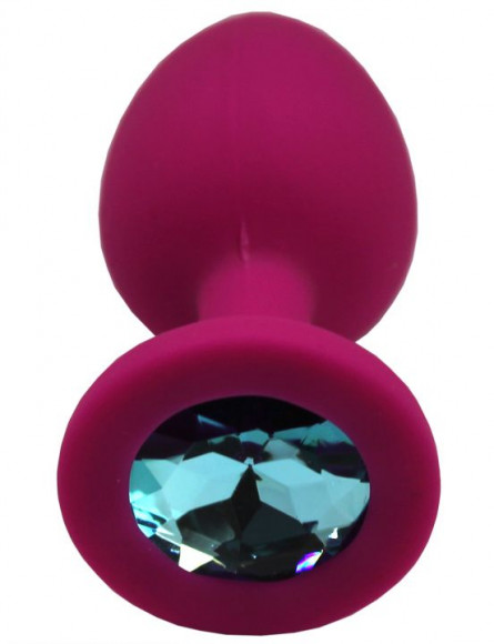 Малиновая анальная пробка с голубым кристаллом - 7,4 см.