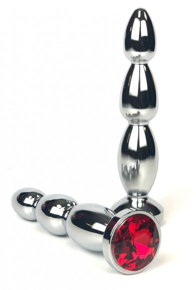 Серебристая анальная пробка-ёлочка с красным кристаллом - 12 см.