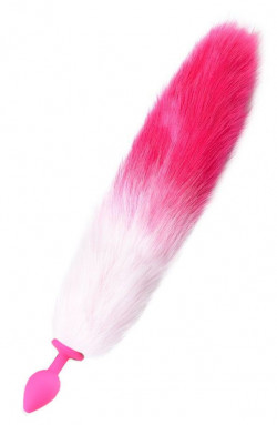 Розовая анальная пробка с длинным бело-розовым хвостом