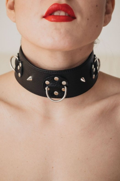 Чёрный кожаный ошейник с кольцами и клёпками Чёрный кожаный ошейник с кольцами и клёпками