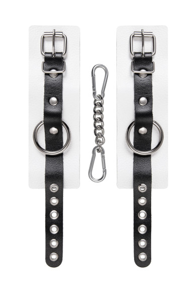 Бело-черные кожаные наручники с одним ремешком с люверсами