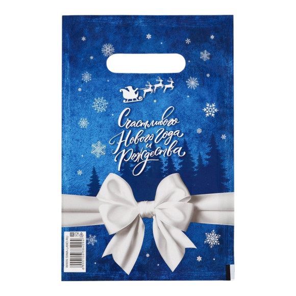 Сине-белый подарочный новогодний пакет с вырубной ручкой (20х30 см) Сине-белый подарочный новогодний пакет с вырубной ручкой (20х30 см)