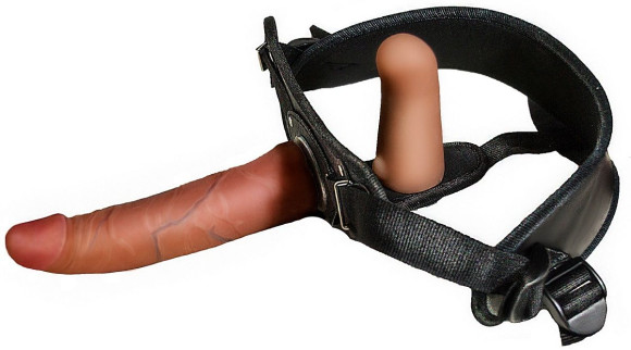 Женский страпон с вагинальной пробкой из неоскина - 18 см. Женский страпон с вагинальной пробкой из неоскина - 18 см.