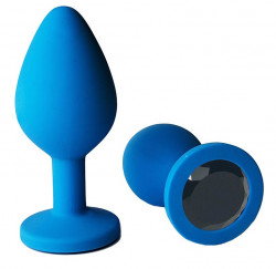 Голубая анальная пробка с черным кристаллом - 8 см.