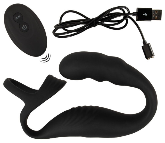 Черное эрекционное кольцо со стимуляцией промежности и анальной пробкой Cock Ring with RC Prostate Plug