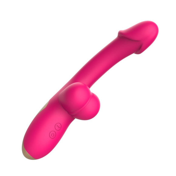 Розовый изогнутый вибромассажёр с имитацией мошонки - 20,4 см. Розовый изогнутый вибромассажёр с имитацией мошонки - 20,4 см.