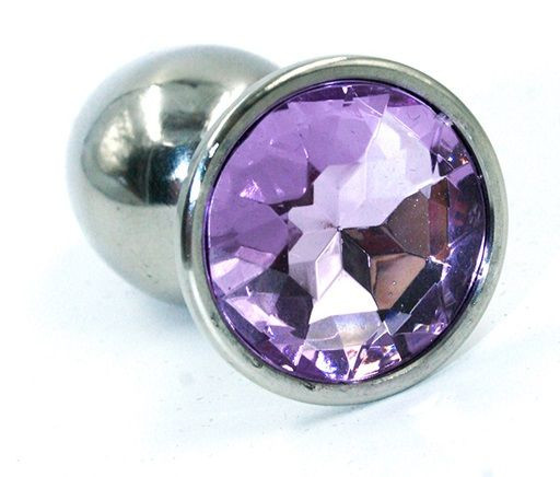 Серебристая анальная пробка с сиреневым кристаллом - 8 см.