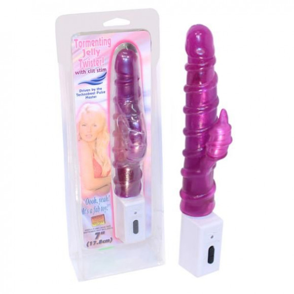 Фиолетовый вибратор со спиралевидным рельефом и клиторальным отростком Фиолетовый вибратор со спиралевидным рельефом и клиторальным отростком