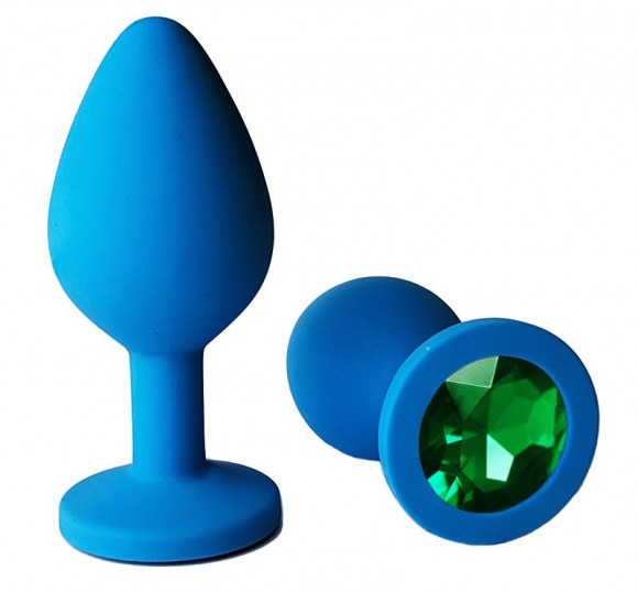 Голубая анальная пробка с зеленым кристаллом - 9,5 см.