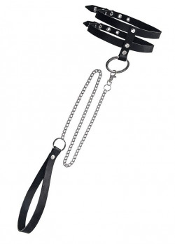 Черный ошейник из двух ремешков с поводком Черный ошейник из двух ремешков с поводком