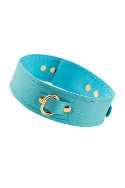 Голубой кожаный однослойный ошейник с прошивкой