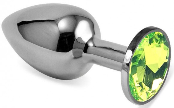 Серебристая гладкая анальная пробка с салатовым кристаллом - 8 см. Серебристая гладкая анальная пробка с салатовым кристаллом - 8 см.