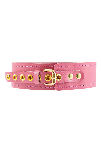 Розовый кожаный однослойный ошейник с прошивкой