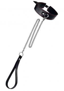 Черный двухслойный ошейник с красной строчкой и поводком Черный двухслойный ошейник с красной строчкой и поводком